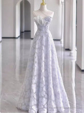 Blue Tulle Sequins Flower Prom Dress